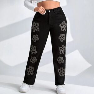 ✵ Floral Print High Waist Raw Cut Jeans SHEIN ✵